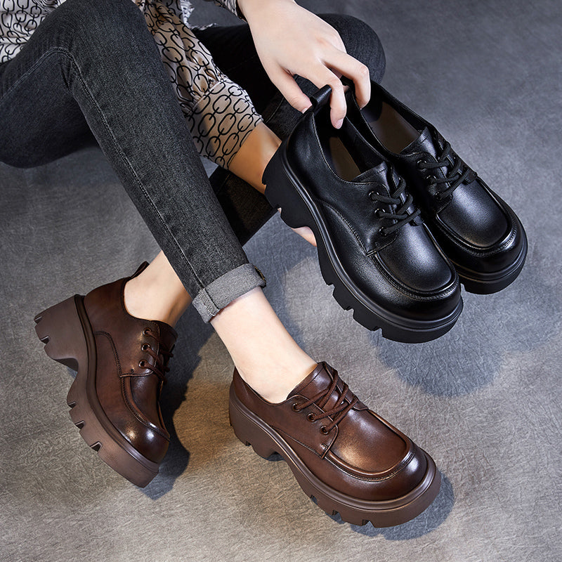 Women's Leather Chunky Heel Lace-Up Oxfords