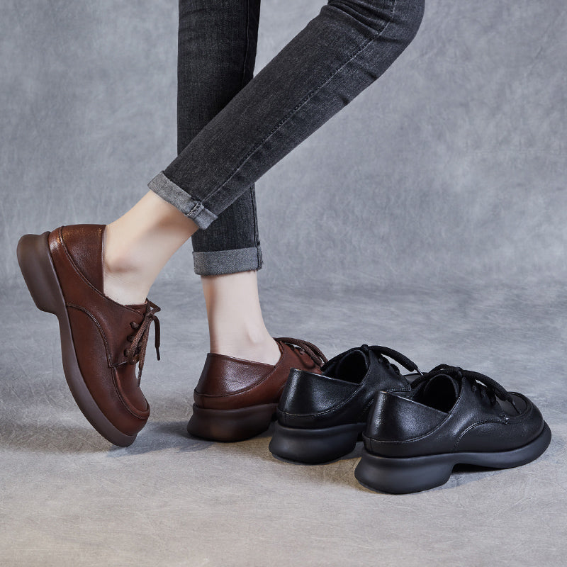 Women's Leather Comfortable Casual Chunky Heel Lace-Up Shoes