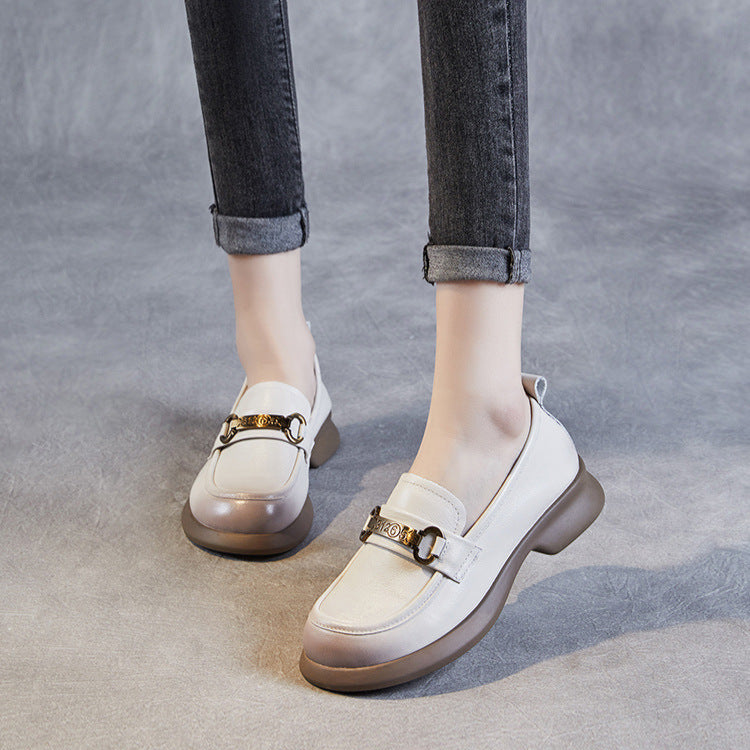 Women's Retro Soft Genuine Leather Loafers – Comfortable Chain Detail