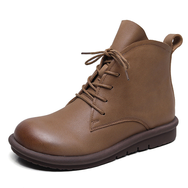 Women's Retro Leather Ankle Boots – Flat Sole, Lace-Up & Zipper