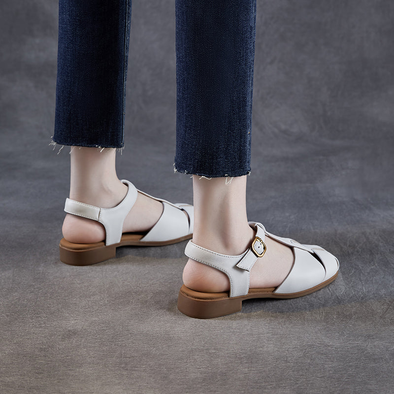 Women's Leather Summer Closed Toe T-Strap Comfort Sandals