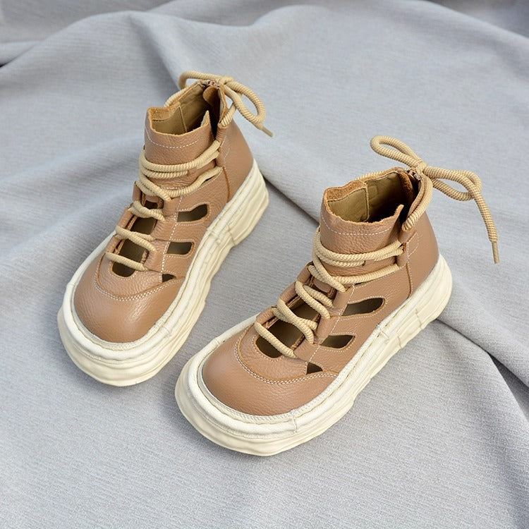 Women's Soft Leather Platform Ankle Boots – Lace-Up, Zipper, Cut-Out Design