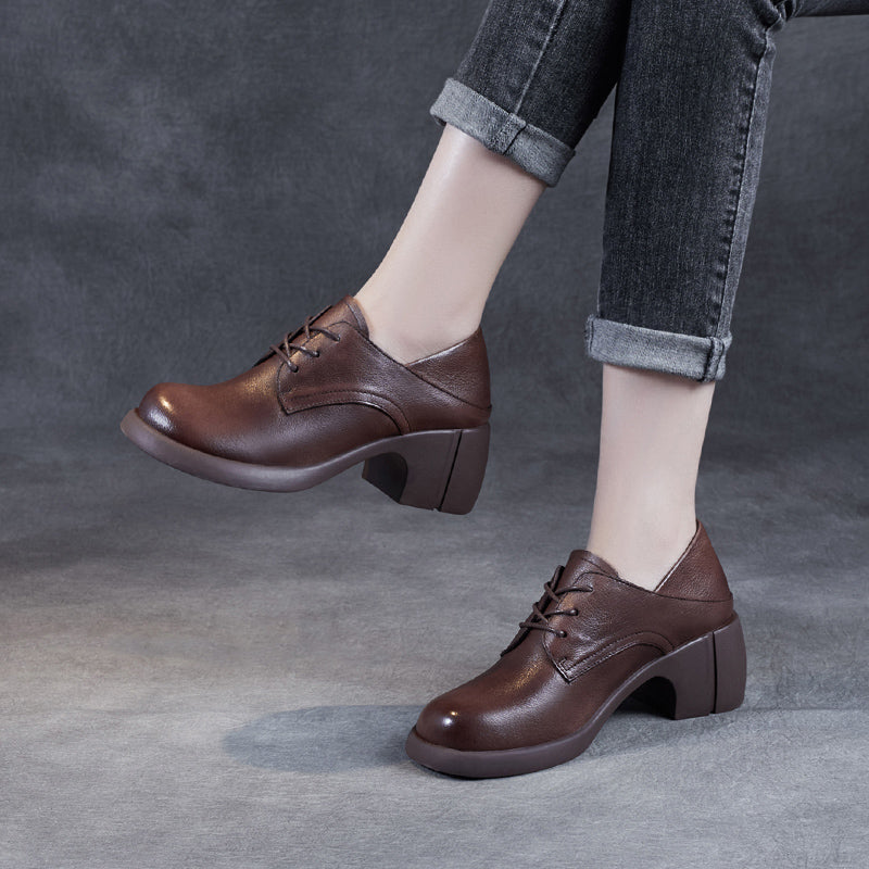 Women's Leather Retro Lace-up Block Heel Oxford Shoes