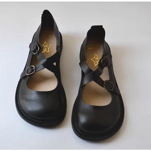 Women's Wide Fit Mary Jane Leather Flats – Handmade with Buckle Strap – Comfort Shoes