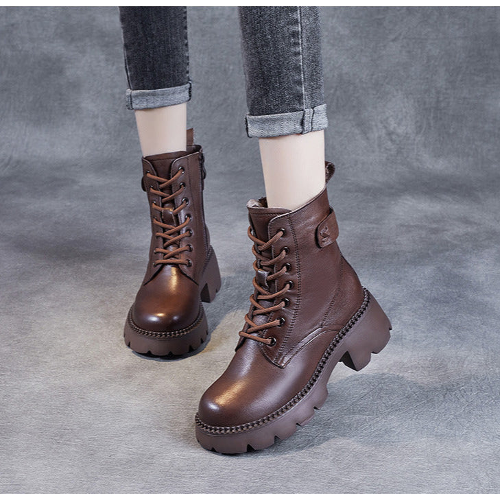 Women's Genuine Leather Combat Boots – Platform Chunky Heel with Side Zipper