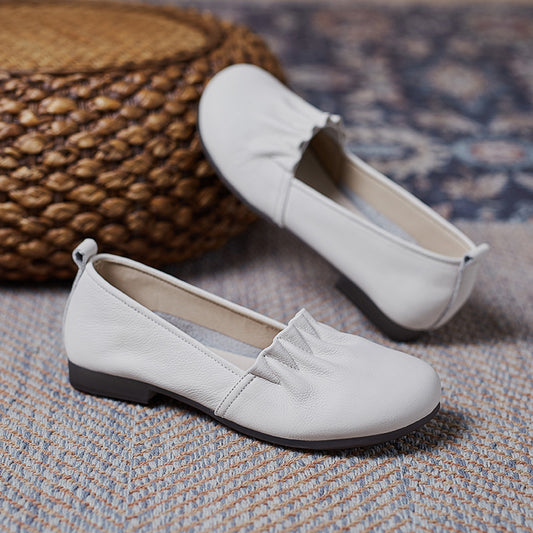 Women's Soft Leather Pleated Daily Slip-On Walking Flats