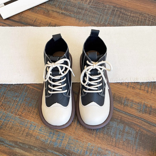 Women's Leather Lace-Up Ankle Shoes – Round Toe & Patchwork Design