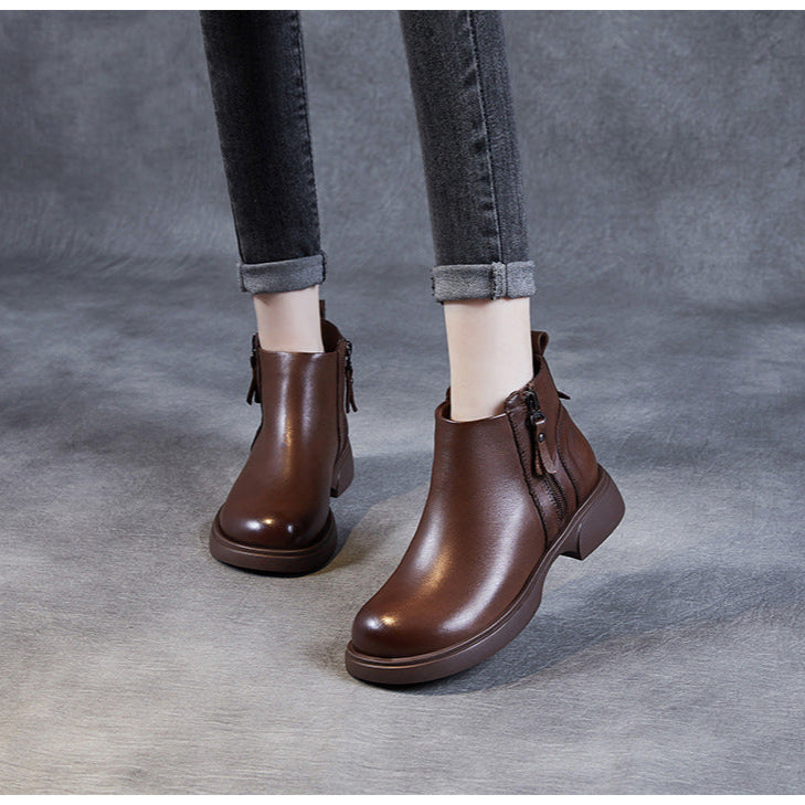 Women's Genuine Leather Casual Ankle Boots – Comfortable Double Zipper Design