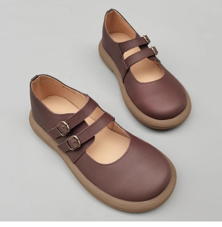 Women's Wide Toe Box Double Buckle With Handmade Leather Mary Jane Flats