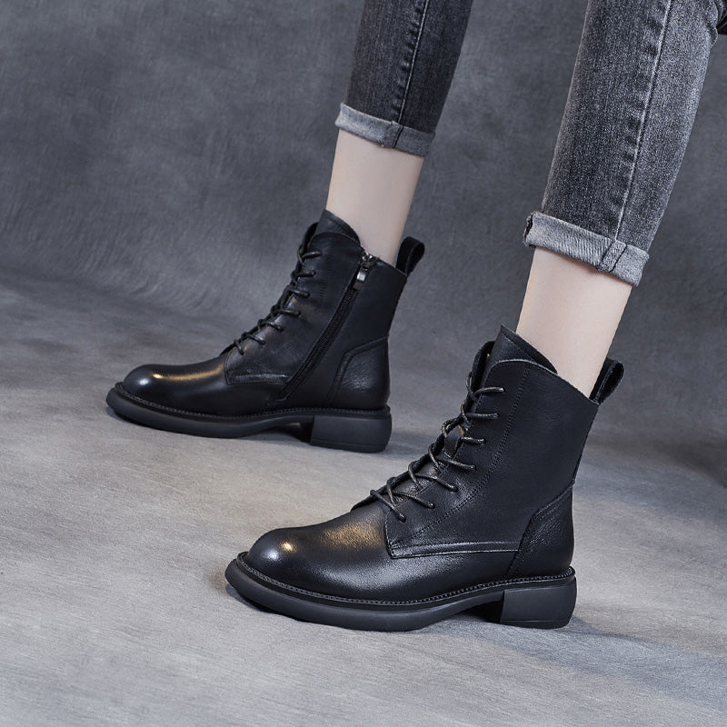 Women's Leather Vintage Zipper Lace Up Block Heel Ankle Boots
