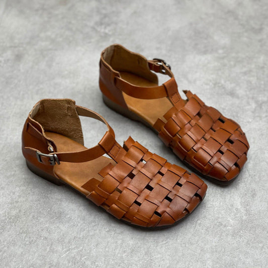 Women's Genuine Leather Woven Closed Toe Flat Sandals