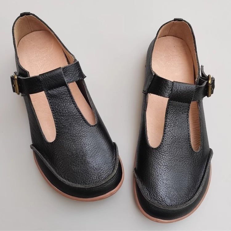 Handmade Vintage Genuine Leather Soft Lightweight T-Strap Mary Jane Shoes for Women