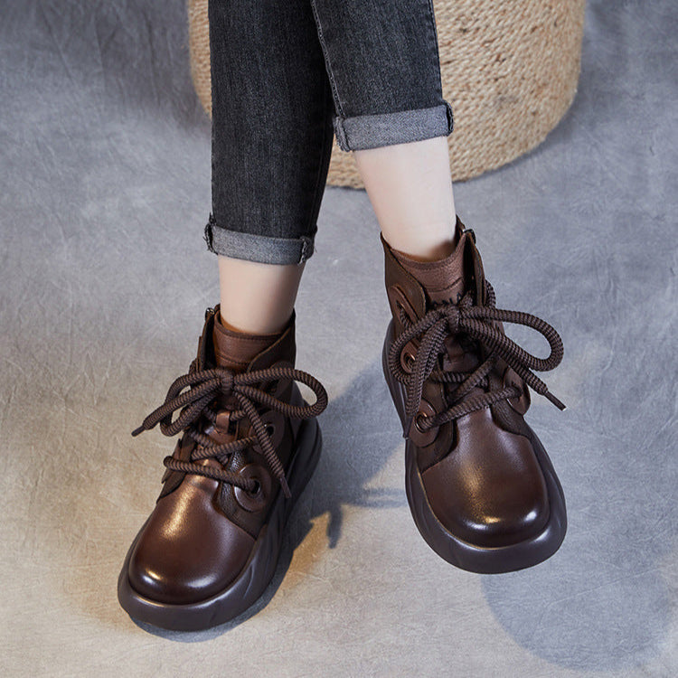 Women's Genuine Leather Lace-Up Ankle Boots – Casual Platform Chunky Sole