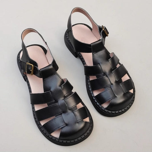 Women's Genuine Leather Wide-Toe Woven Sandals – Casual Style for Summer