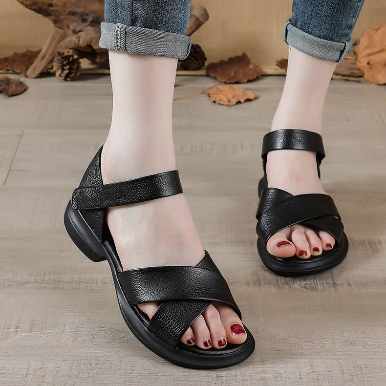 Women's Leather Classic Open Toe Mid Heel Chunky Sandals