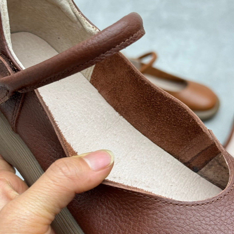 Women's Leather Handmade Soft Sole Round Toe Mary Jane Flat Shoes