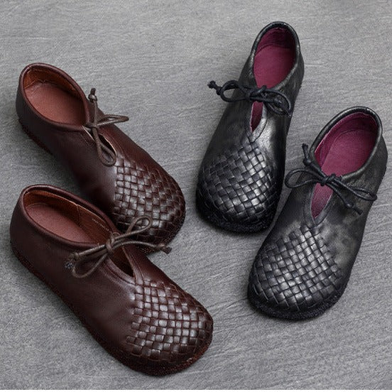 Handmade Leather Shoes for Women Round Toe Woven Casual Non Slip Walking Flat Shoes