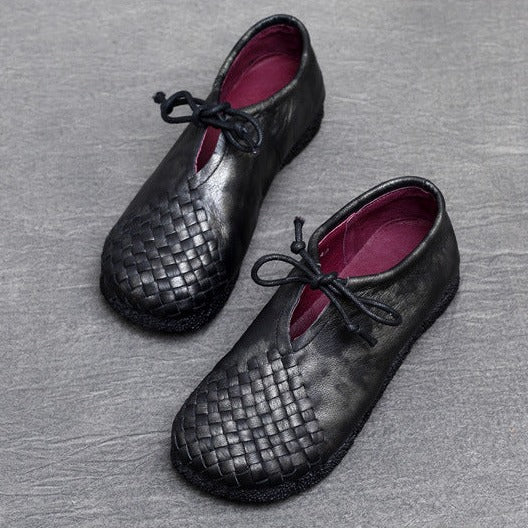Handmade Leather Shoes for Women Round Toe Woven Casual Non Slip Walking Flat Shoes