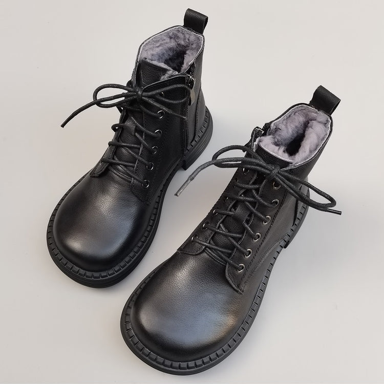 Women's Vintage Wide Toe Leather Shearling Boots – Cozy Winter Ankle Style