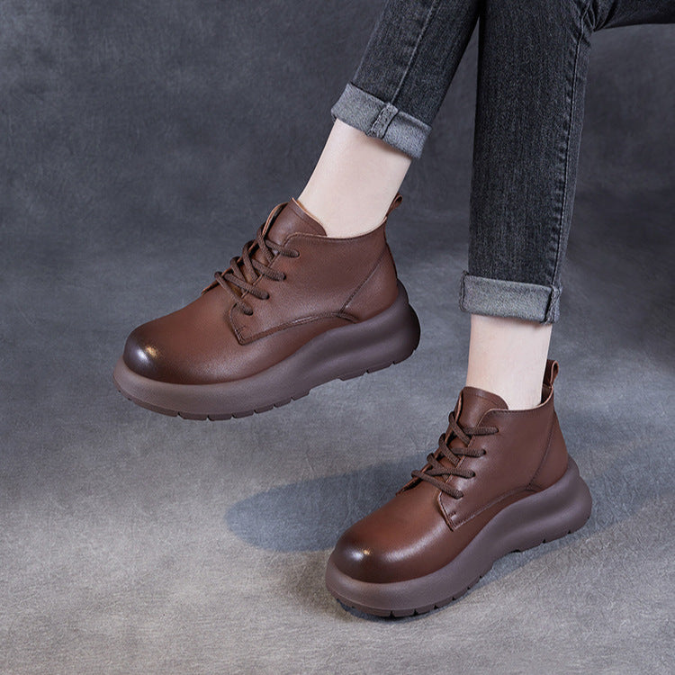 Women's Leather Lace-Up Platform High-Top Shoes – Casual & Comfortable