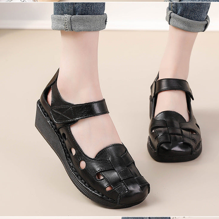 Women's Leather Woven Cutout Wedge Heel Sandal