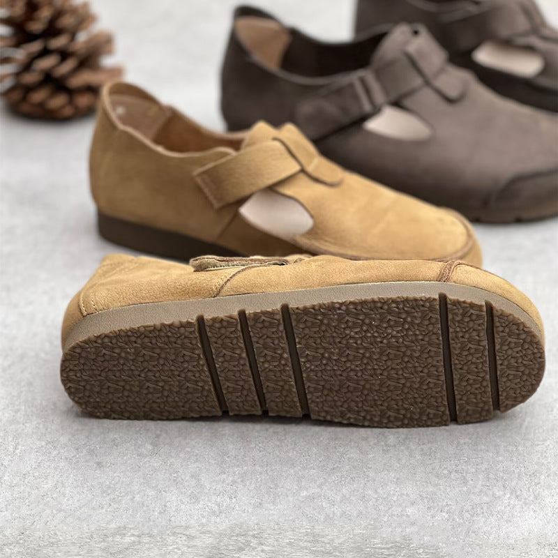 Comfortable Vintage Leather Velcro Mary Jane Flats Womens Shoes