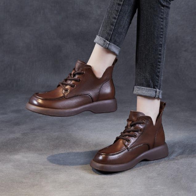 Women's Retro Soft Leather Lace Up Lightweight Non-Slip Ankle Boots