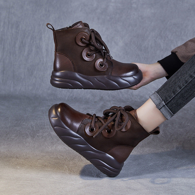 Women's Genuine Leather Lace-Up Ankle Boots – Casual Platform Chunky Sole