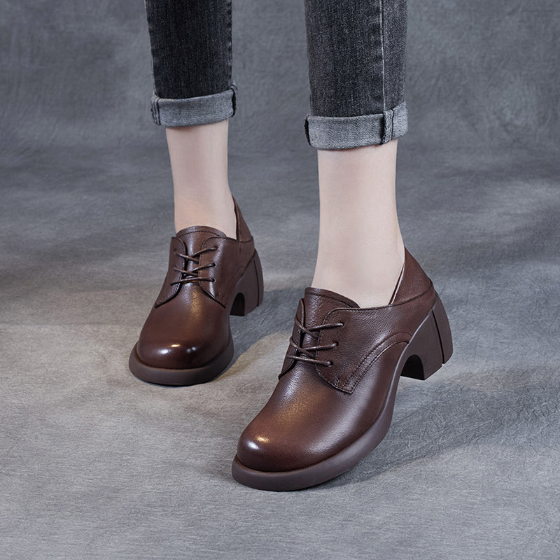 Women's Leather Retro Lace-up Block Heel Oxford Shoes