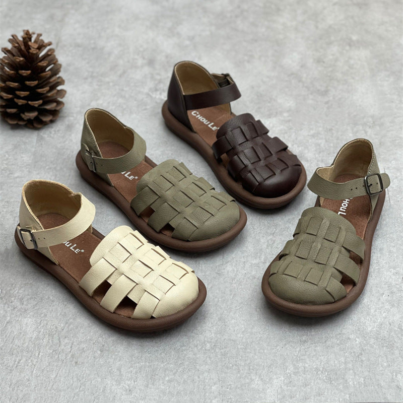 Handmade Leather Woven Closed Toe Sandals – Summer Flat Comfort Shoes for Women
