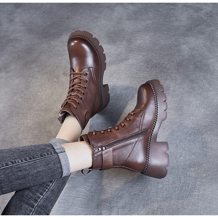 Women's Genuine Leather Combat Boots – Platform Chunky Heel with Side Zipper