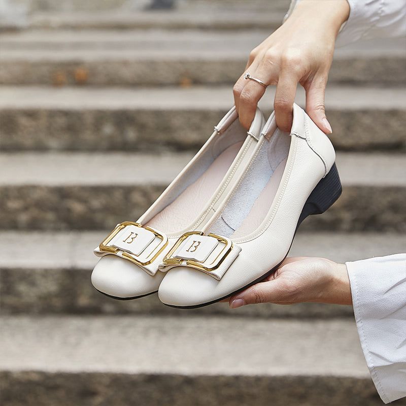 Women's Leather Low Heel Metal Buckle Embellished Pump