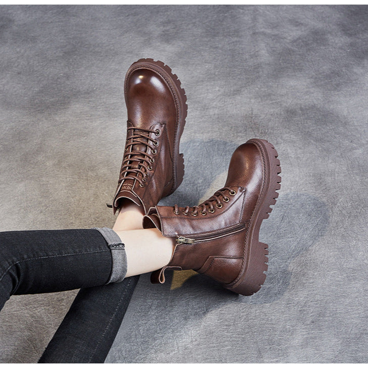 Women's Casual Genuine Leather Boots – Ankle Length with Zipper