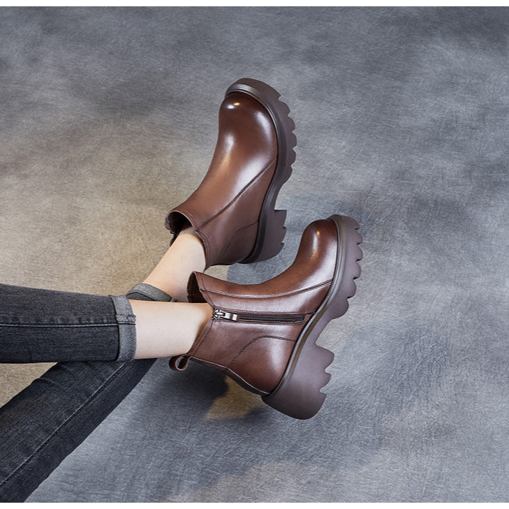Women's Leather Ankle Boots – Platform Chunky Mid Heel with Side Zipper