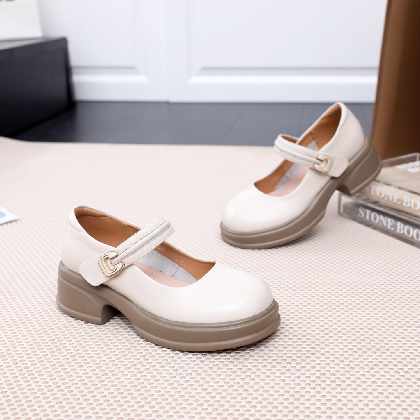 Women's Platform Leather Mary Jane Heels – Chunky Heel Velcro Strap Shoes