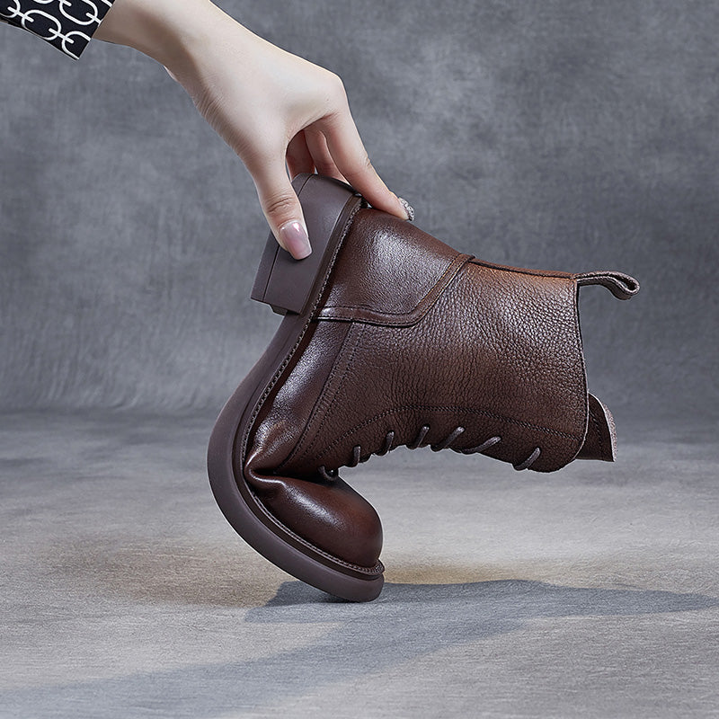 Women's Leather Vintage Zipper Lace Up Block Heel Ankle Boots