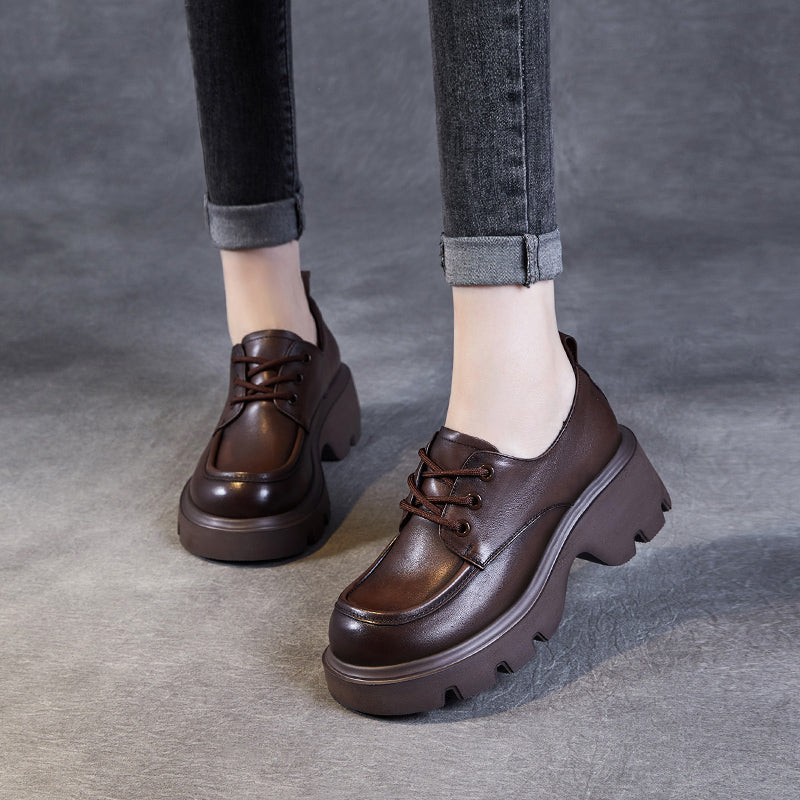 Women's Leather Chunky Heel Lace-Up Oxfords
