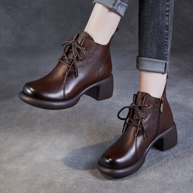 Women's Casual Lace-Up Ankle Boots – Round Toe Block Heel with Side Zipper