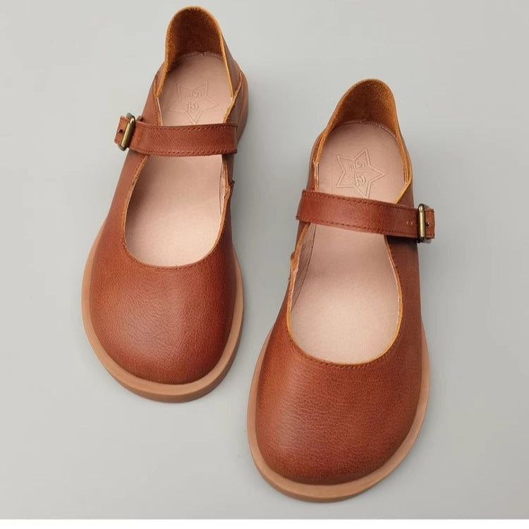 Women's Wide Toe Box Genuine Leather Mary Jane Flats – Buckle, Round Toe Shoes