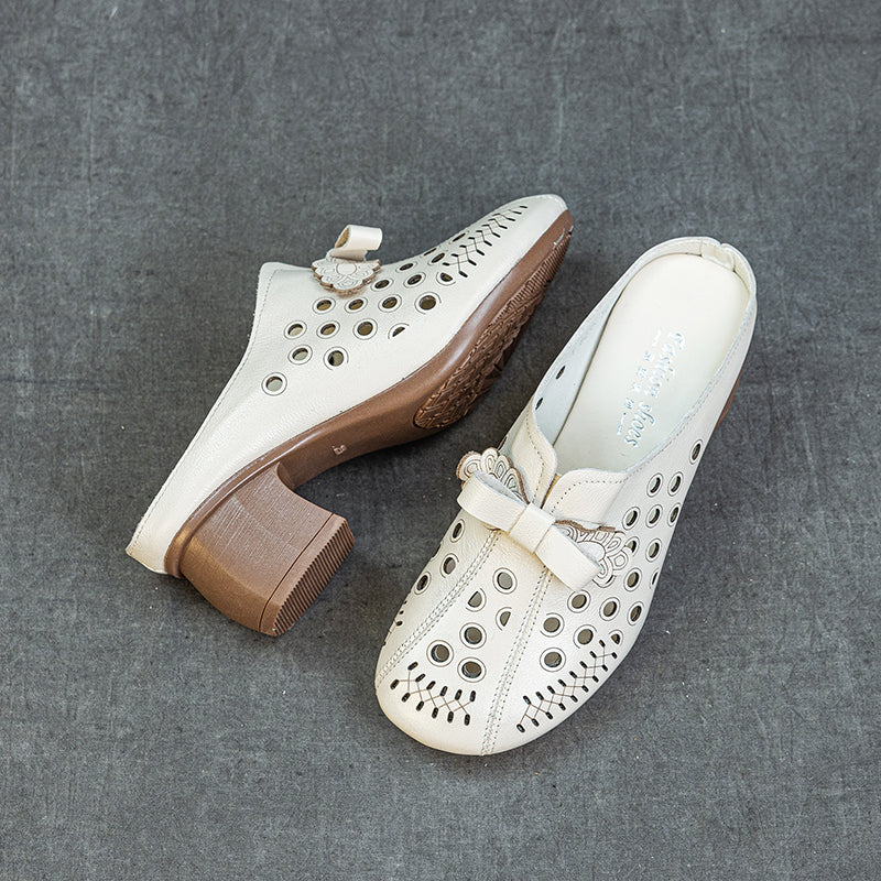 Women's Leather Bowknot Hollow Out Mid Heel Block Mule Shoes