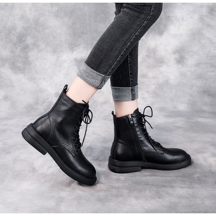Women's Leather Casual Lace-Up Ankle Boots with Side Zipper Closure