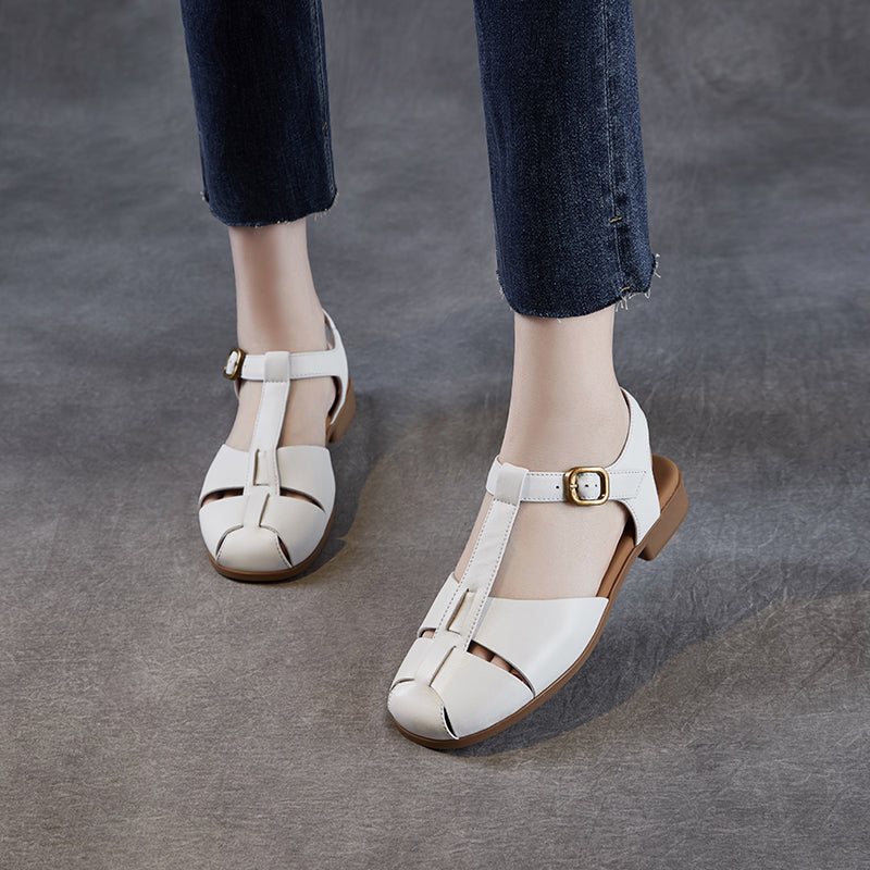 Women's Leather Summer Closed Toe T-Strap Comfort Sandals