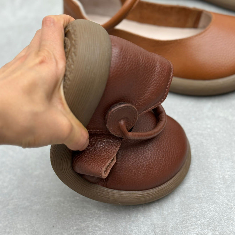 Women's Leather Handmade Soft Sole Round Toe Mary Jane Flat Shoes
