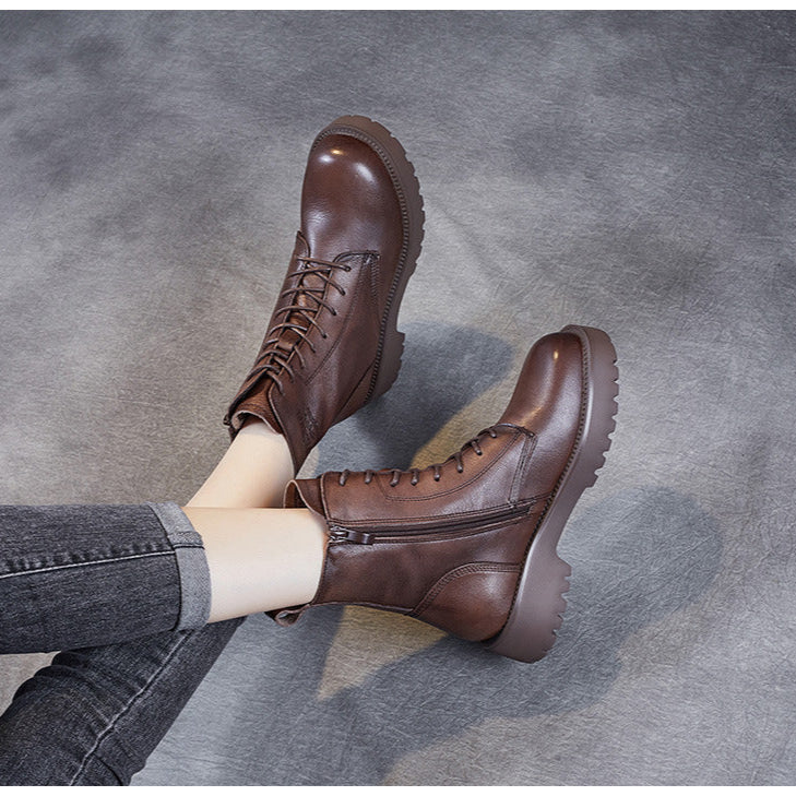 Women's Genuine Leather Casual Combat Boots with Side Zipper Closure