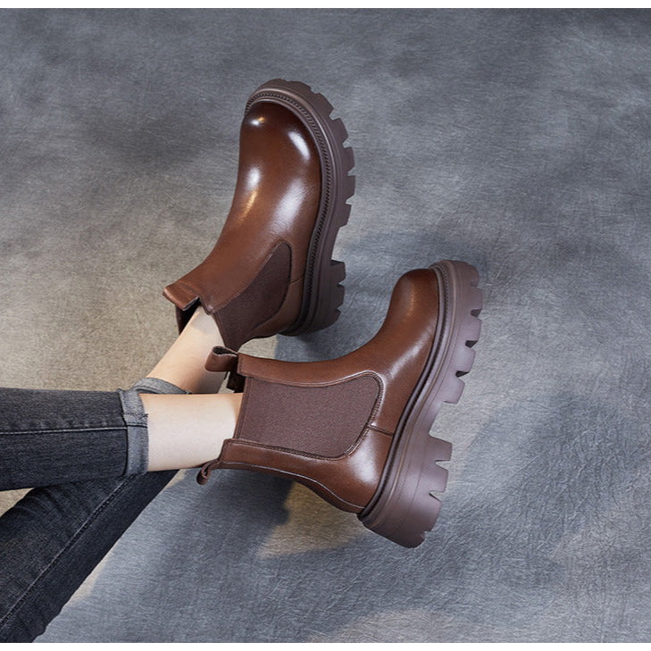 Women's Retro Genuine Leather Chelsea Boots – Chunky Platform Sole Ankle Boots
