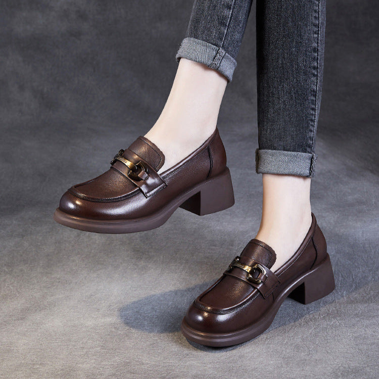 Women's Genuine Leather Loafers – Mid Heel Slip-On Shoes with Metal Accent