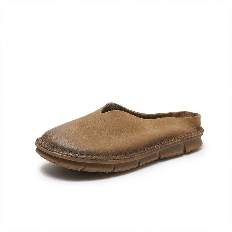 Women's V-Cut Soft Leather Flat Mules – Retro Minimalist Style
