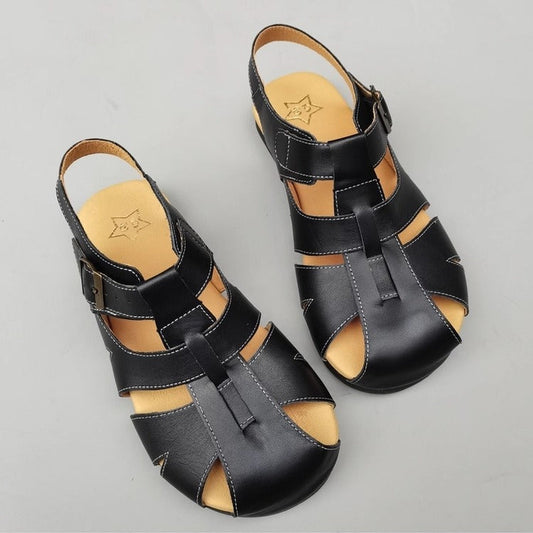Women's Wide-Fit Leather Sandals – Non-Slip, Comfortable & Casual for Summer