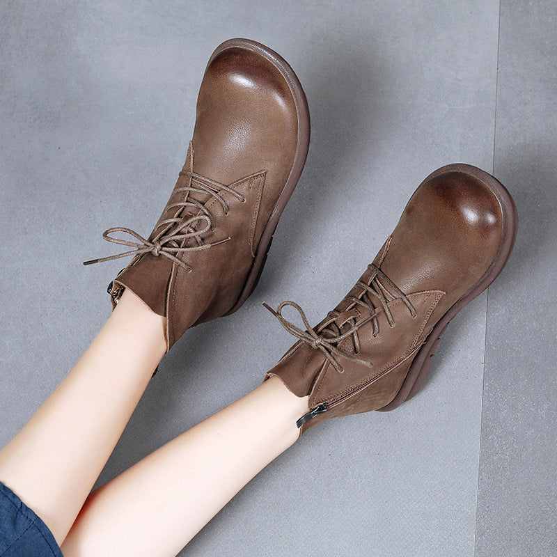 Women's Retro Leather Ankle Boots – Flat Sole, Lace-Up & Zipper