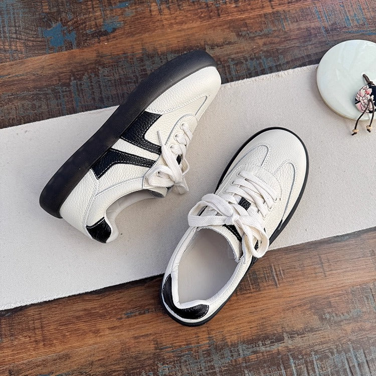 Women's Soft Leather Lace-Up Sneakers – Casual & Comfortable Style Tennis Shoes
